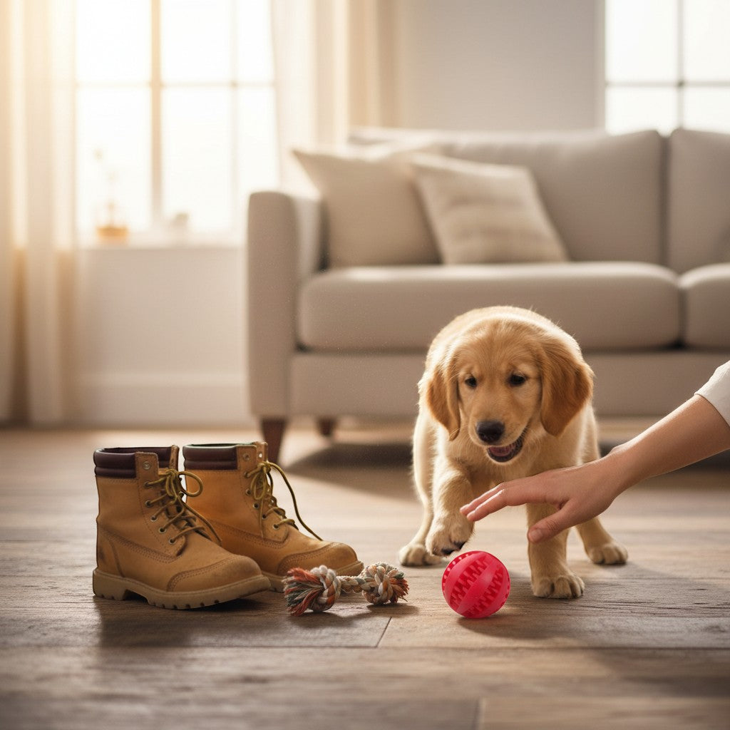 Puppy playing with the red and blue variants of the Yogi-Pets dental rubber ball