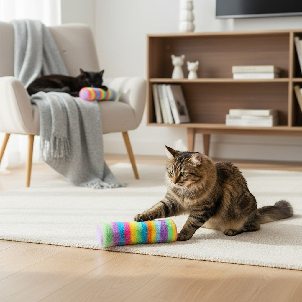 Small kitten pouncing on the soft Yogi-Pets plush kicker roll