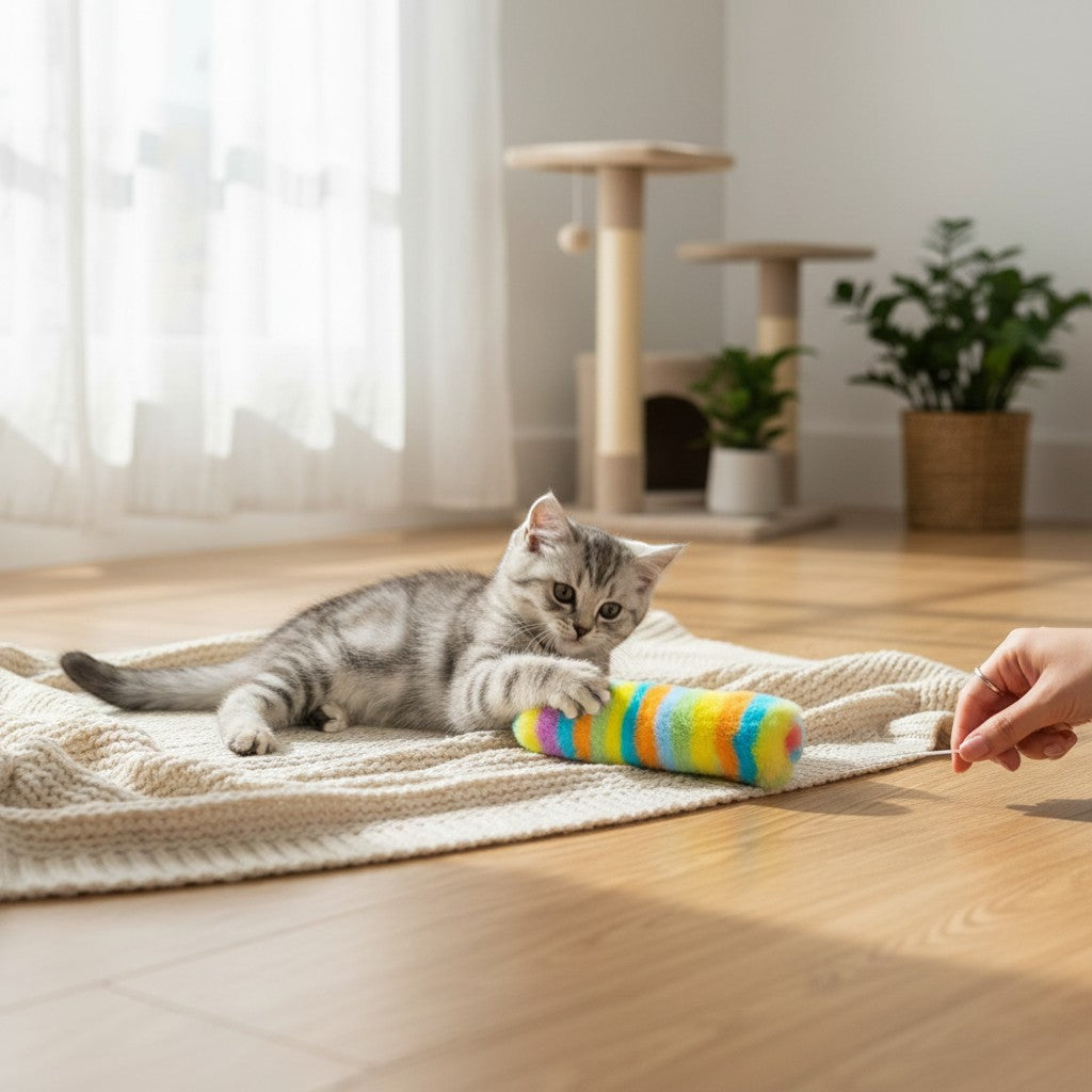 Yogi-Pets rainbow cat kicker toy providing mental stimulation in a home environment