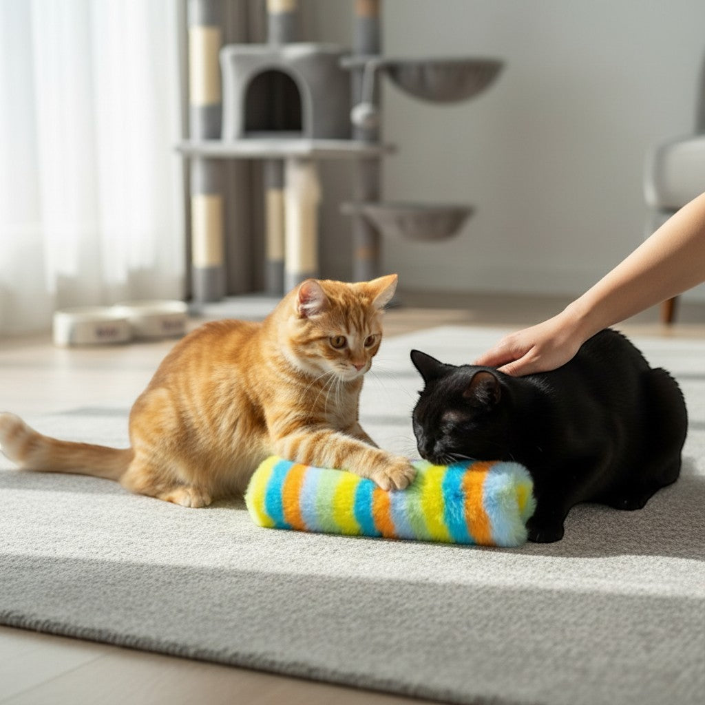 Interactive play with Yogi-Pets colourful plush kicker toys for multiple cats