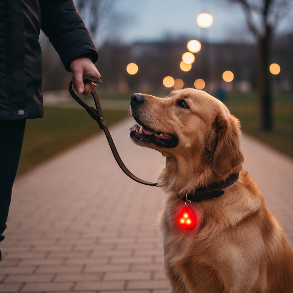 Dog on a leash with a glowing Yogi-Pets collar light in a park setting