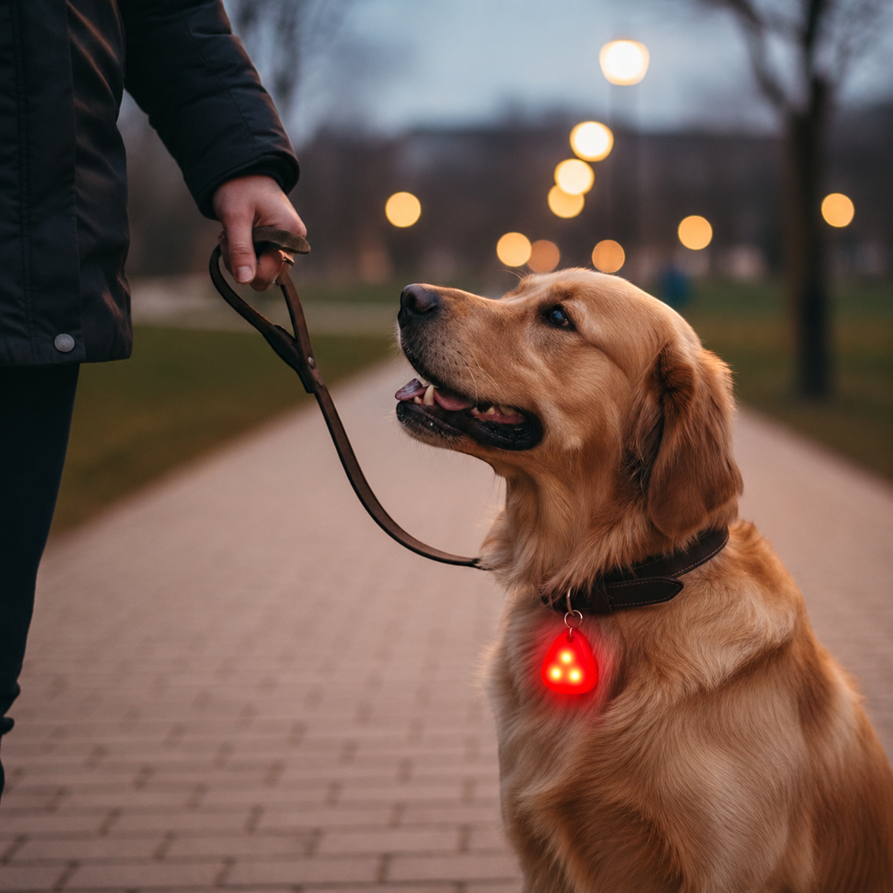 Dog on a leash with a glowing Yogi-Pets collar light in a park setting