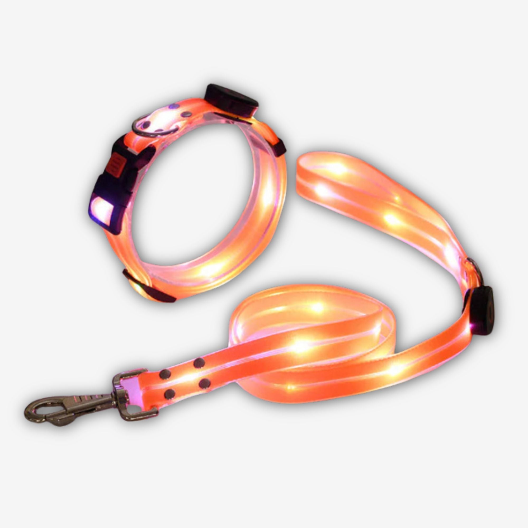 Yogi-Pets Collar and coordinating LED light-up dog leash  for 360-degree night visibility - Orange 