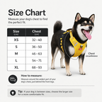 Dog size chart with a Shiba Inu wearing a yellow Yogi-Pets harness on a white background