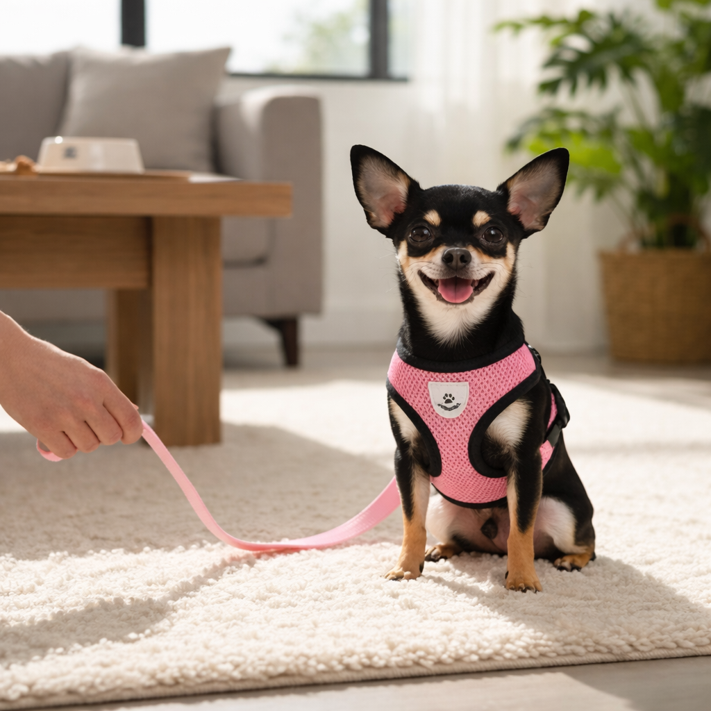 Small dog sitting indoors wearing the secure Yogi-Pets pink step-in mesh harness