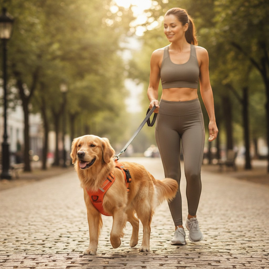 Woman walking a dog on a Yogi-Pets leash in a park