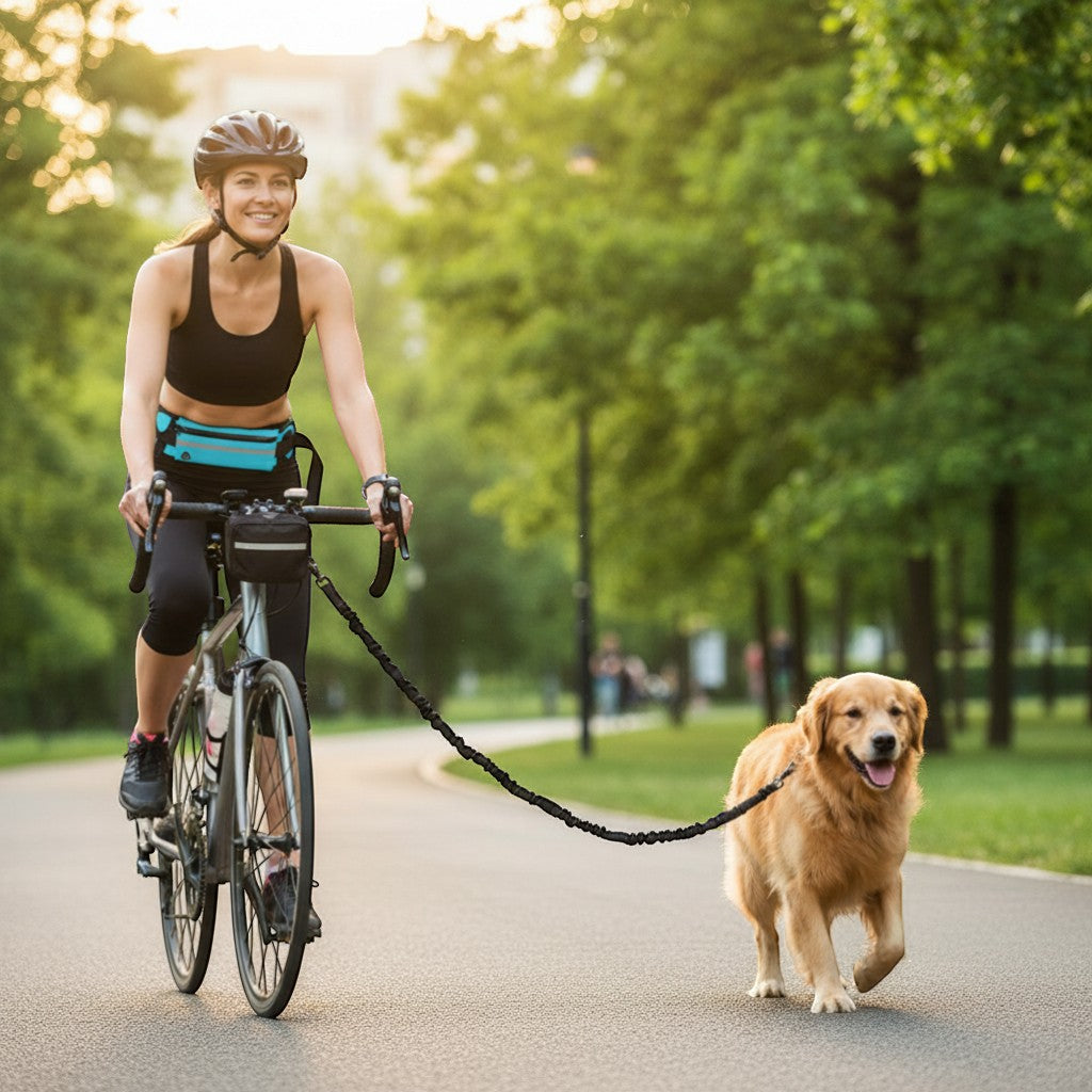Woman riding a bicycle with a dog on a Yogi-Pets leash in a park