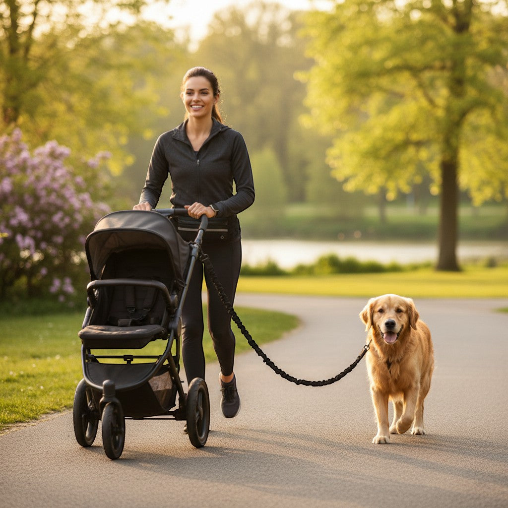 Woman walking a dog on a Yogi-Pets leash with a stroller in a park