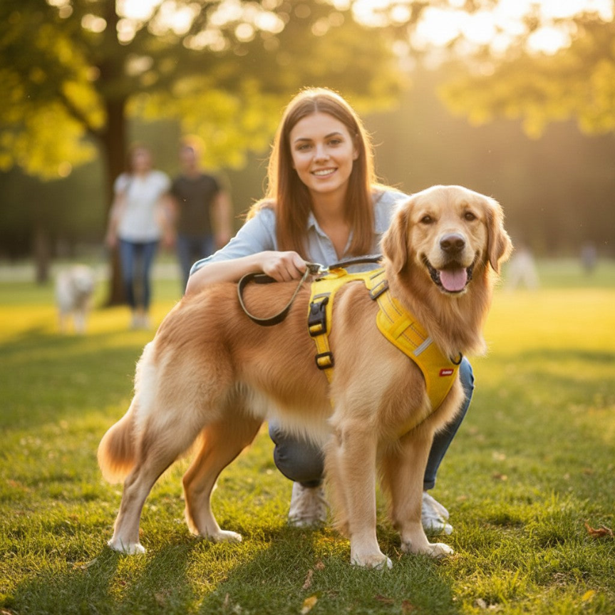Comfortable and secure hiking with the Yogi-Pets yellow reflective dog harness